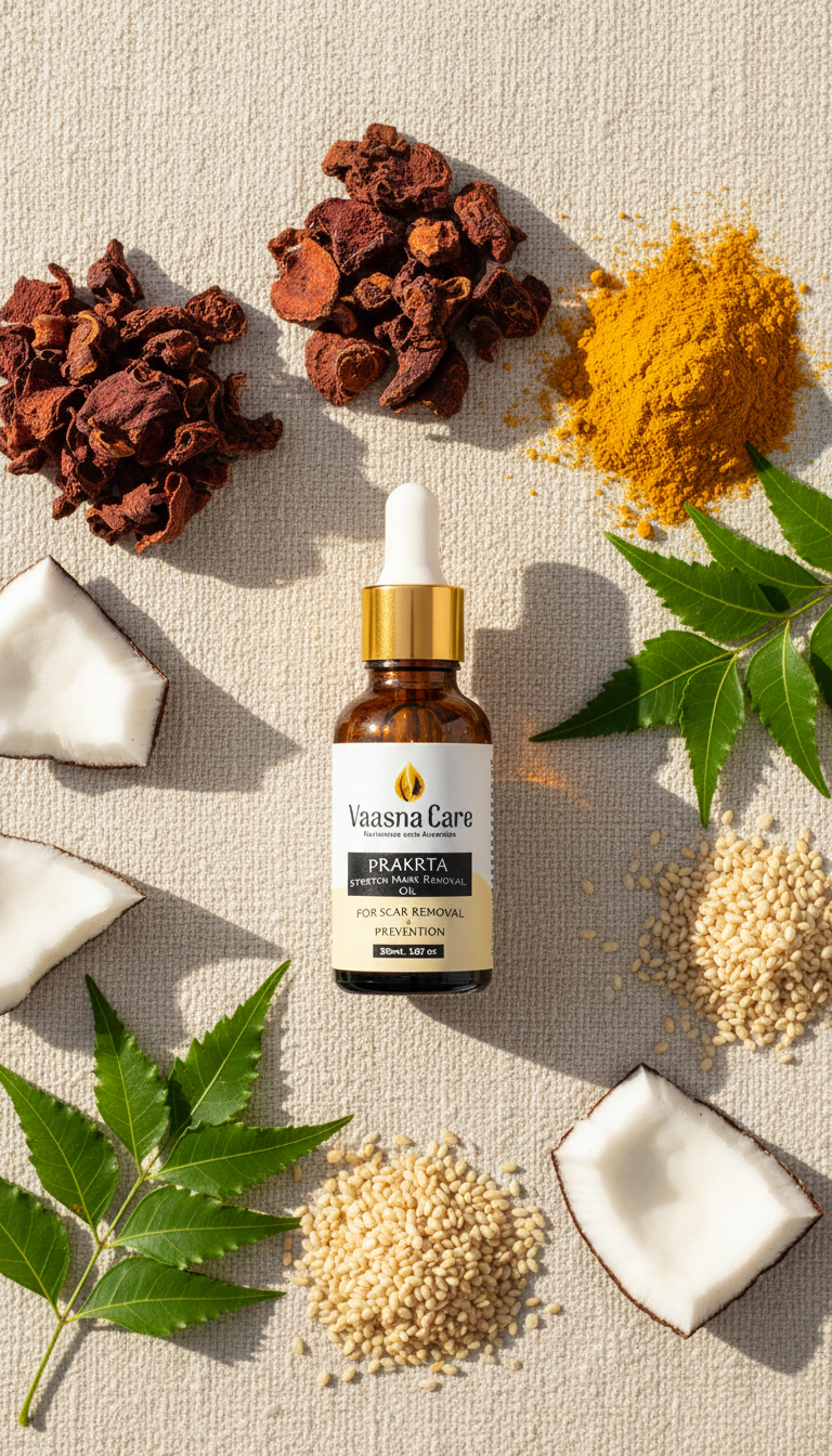 Flat lay of PRAKRTA stretch mark oil along with manjista, turmeric and neem leaves