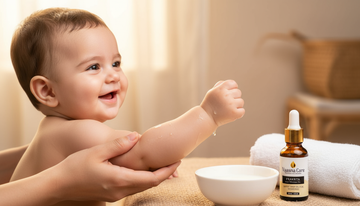 Ayurvedic baby massage oil bottle with pure coconut, avocado, and vitamin E ingredients.