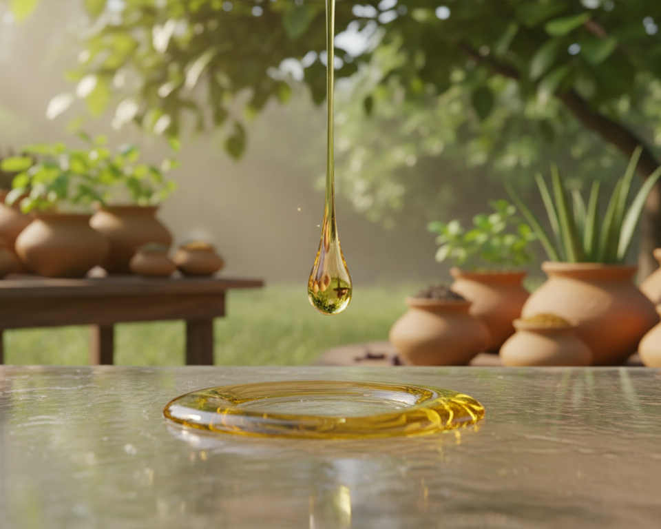 Oil droplet falling onto a reflective surface with a natural background of plants and pots.