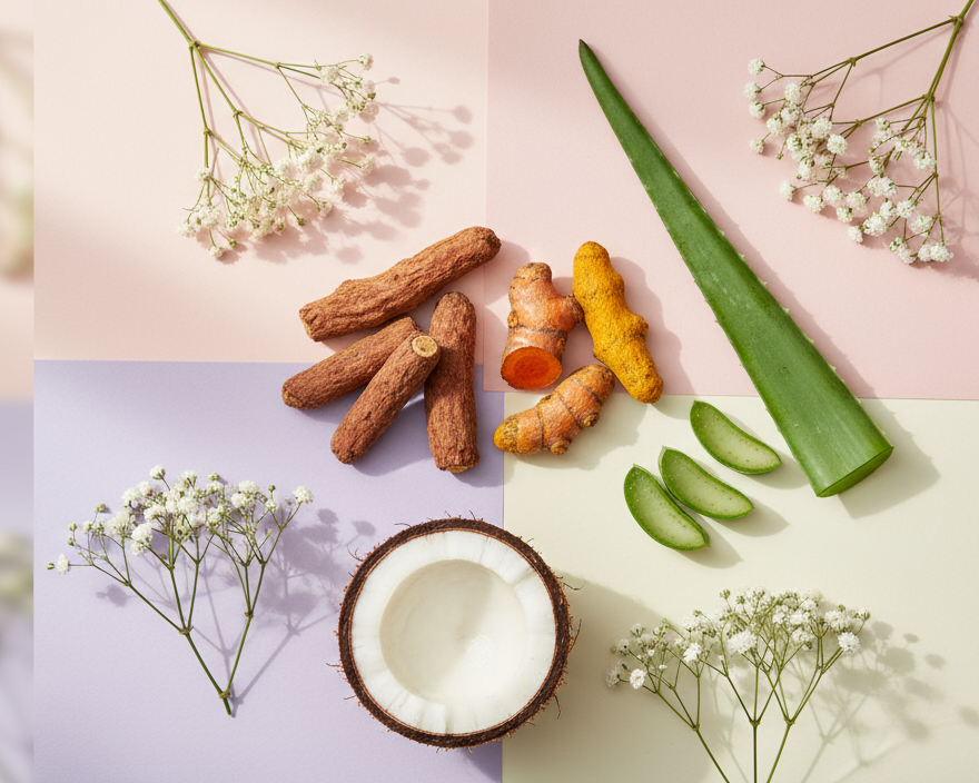 Herbal ingredients including turmeric, aloe vera, and coconut on a colorful background with Vaasna Care branding.