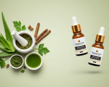 Herbal ingredients and two bottles of a natural product on a light green background